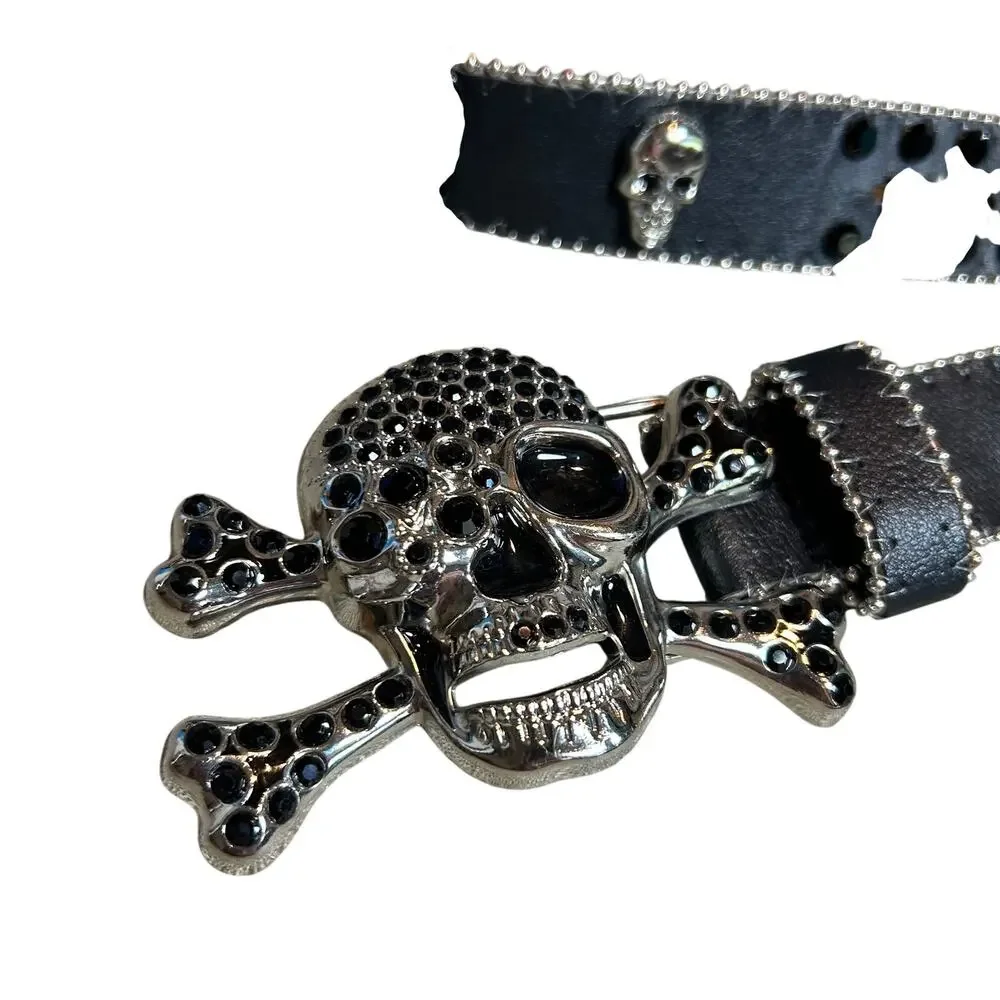 Pirate Belt Silver Rhinestone Skull Black Leather Glam Rock Goth Y2K Punk Grunge